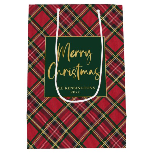 Red Tartan Plaid Gold Script Vrolijk kerstfeest Medium Cadeauzakje (Achterkant)