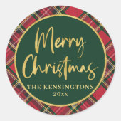 Red Tartan Plaid Gold Script Vrolijk kerstfeest Ronde Sticker (Voorkant)