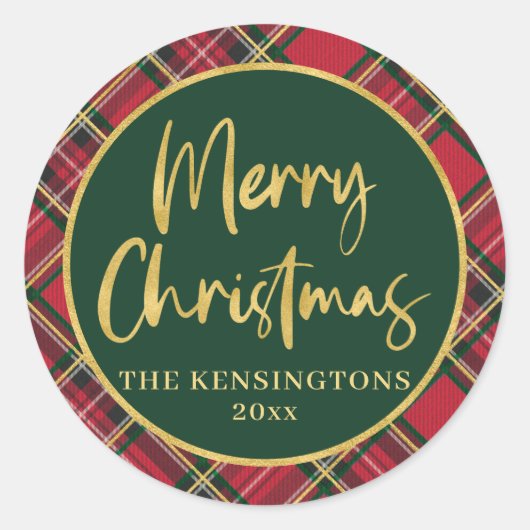Red Tartan Plaid Gold Script Vrolijk kerstfeest Ronde Sticker (Voorkant)
