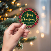 Red Tartan Plaid Gold Script Vrolijk kerstfeest Ronde Sticker