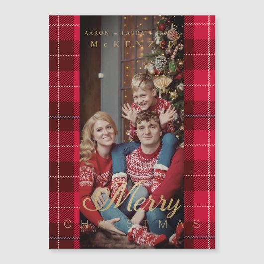 Red Tartan Plaid Merry Christmas Photo Family (Voorkant)