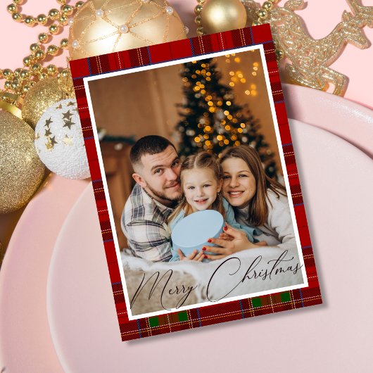 Red Tartan Plaid Schotse kerst Foto Feestdagenkaart