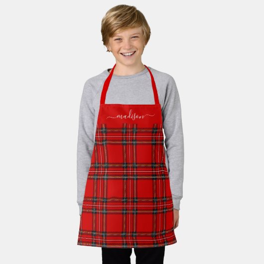 Red tartan plaid script name apron schort (Gedragen)