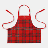 Red tartan plaid script name apron schort (Voorkant)