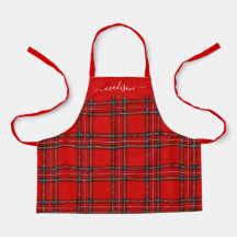 Red tartan plaid script name apron