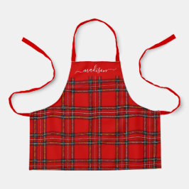 Red tartan plaid script name apron schort