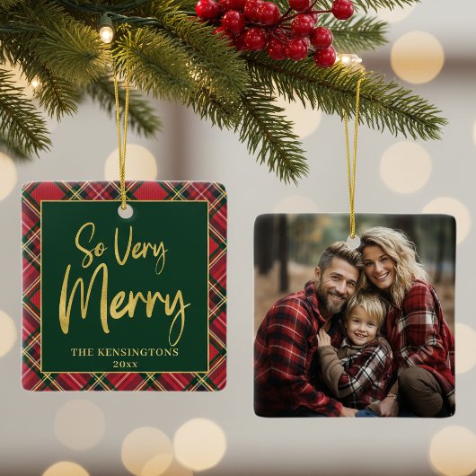 Red Tartan Plaid Vakantiefoto Kerst Keramisch Ornament