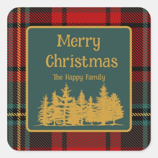 Red Tartan Plaid Vrolijk Kerstfeest Vierkante Sticker (Voorkant)