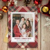 Red Tartan Plaid with Christmas Family Photo Feestdagenkaart