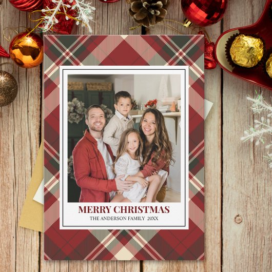 Red Tartan Plaid with Christmas Family Photo Feestdagenkaart