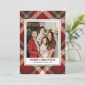 Red Tartan Plaid with Christmas Family Photo Feestdagenkaart (Staand voorkant)