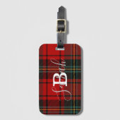 Red Tartan Pset Checkered Scotland Monogram Name Bagagelabel (Voorkant (verticaal))