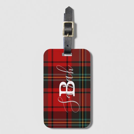 Red Tartan Pset Checkered Scotland Monogram Name Bagagelabel (Voorkant (verticaal))