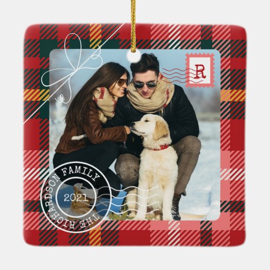Red Tartan Pset Delivery Parcel 2 Fotofamilie Keramisch Ornament (Achterkant)