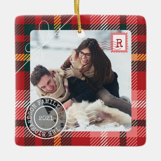Red Tartan Pset Delivery Parcel 2 Fotofamilie Keramisch Ornament (Voorkant)
