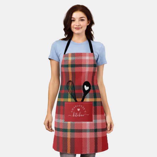 Red Tartan Pset Faux Pocket Spoon & Whisk Apron Schort (Gedragen)