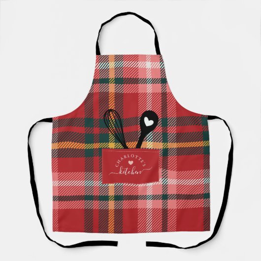 Red Tartan Pset Faux Pocket Spoon & Whisk Apron Schort (Voorkant)