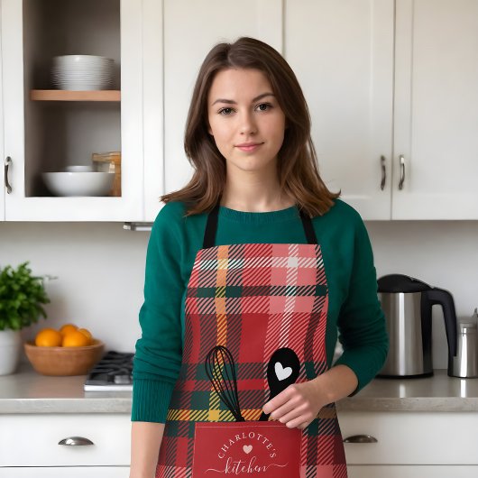 Red Tartan Pset Faux Pocket Spoon & Whisk Apron Schort