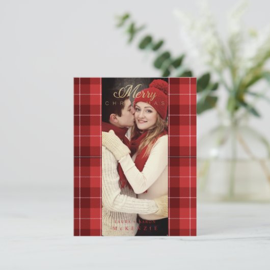 Red Tartan Pset First Merry kerstfoto Feestdagenkaart (Staand voorkant)