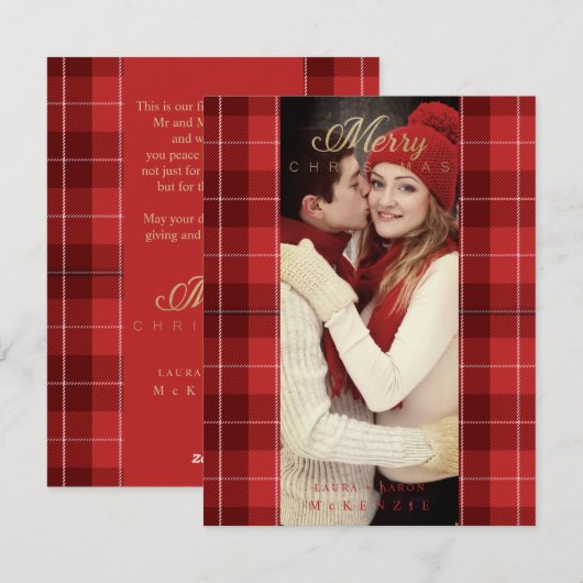 Red Tartan Pset First Merry kerstfoto Feestdagenkaart (Voorkant / Achterkant)