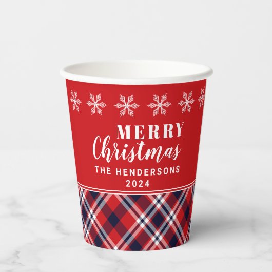 Red Tartan Pset Moderne Persoonlijke Kerstmis Papieren Bekers (Achterkant)