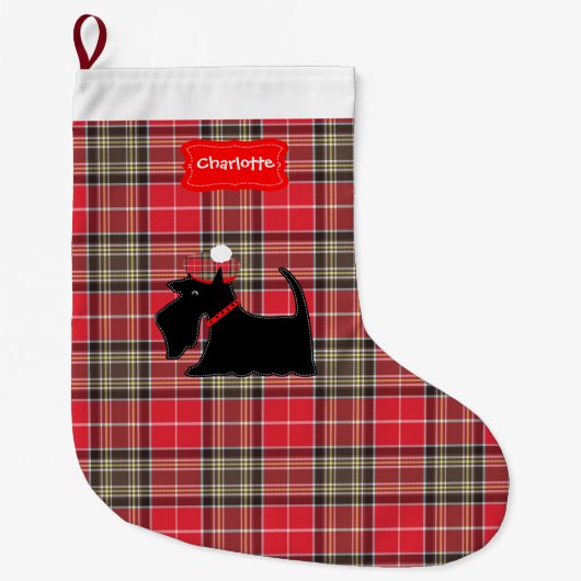 Red Tartan Pset Pattern Scottish Terrier Dog Grote Kerstsok (Voorkant)