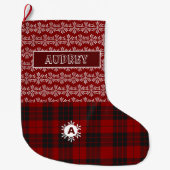 Red Tartan Pset Snow Flake Cute Monogram Grote Kerstsok (Voorkant)