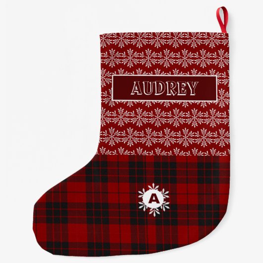 Red Tartan Pset Snow Flake Cute Monogram Grote Kerstsok (Achterkant)