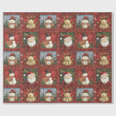 Red Tartan Santa Clause Snowman Rendier Kerstmis Cadeaupapier (Vlak)