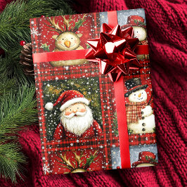 Red Tartan Santa Clause Snowman Rendier Kerstmis Cadeaupapier