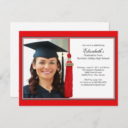 Red Tassel Photo Graduation Party Invitation 2012 Uitnodiging Briefkaart (Voorkant / Achterkant)