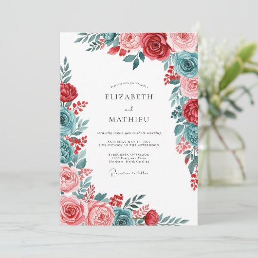 Red Teal Gracious Botanical Wedding Kaart (Staand voorkant)