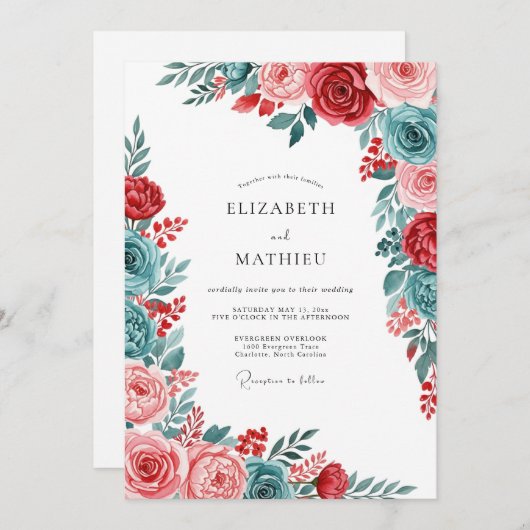 Red Teal Gracious Botanical Wedding Kaart (Voorkant / Achterkant)