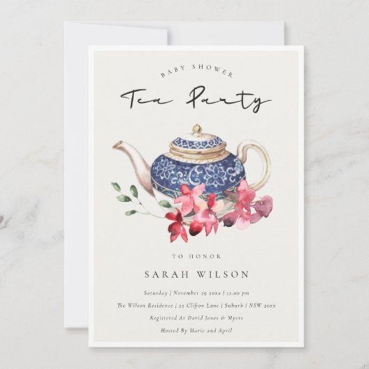 Red Teapot Floral Baby shower Tea Party Invite Bedankkaart (Voorkant)
