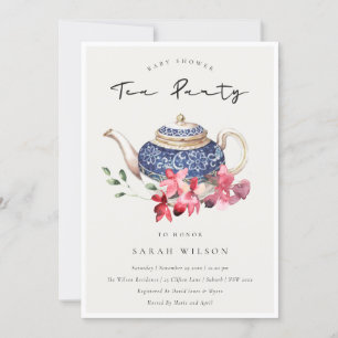 Red Teapot Floral Baby shower Tea Party Invite Bedankkaart