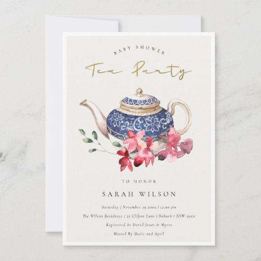 Red Teapot Floral Baby shower Tea Party Invite Bedankkaart (Voorkant)
