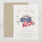 Red Teapot Floral Baby shower Tea Party Invite Bedankkaart (Voorkant / Achterkant)
