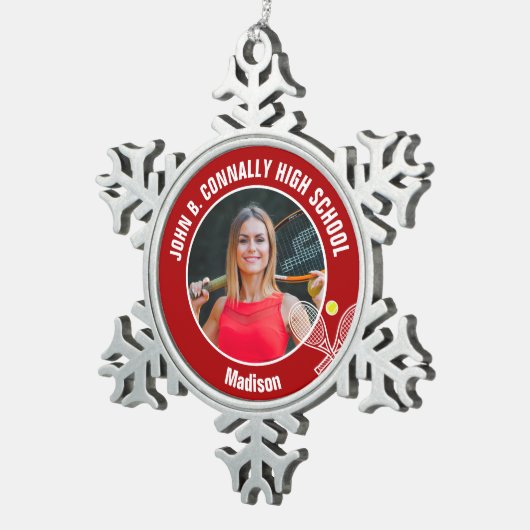 Red Tennis Player Photo High School Spirit Tin Sneeuwvlok Ornament (Rechts)