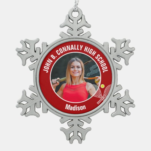 Red Tennis Player Photo High School Spirit Tin Sneeuwvlok Ornament (Voorkant)
