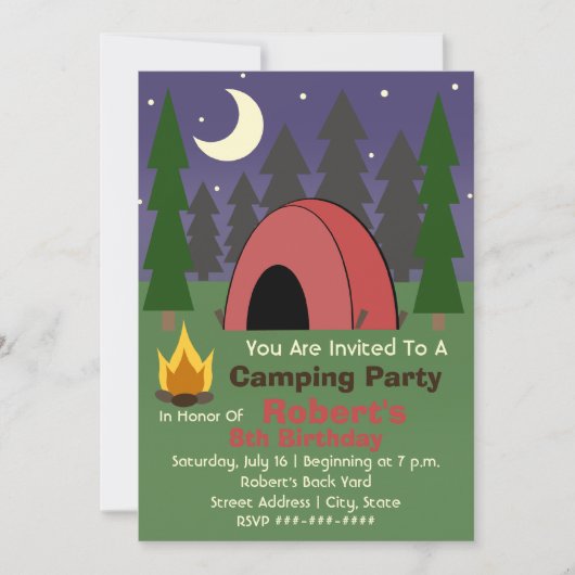 Red Tent Camping Birthday Party Invitation Kaart (Voorkant)