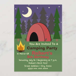 Red Tent Camping Birthday Party Invitation Kaart