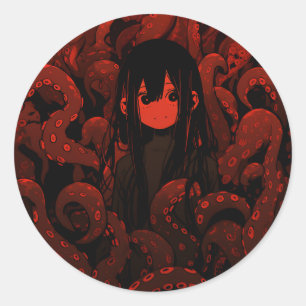 Red Tentacle Horror Anime Girl Ronde Sticker