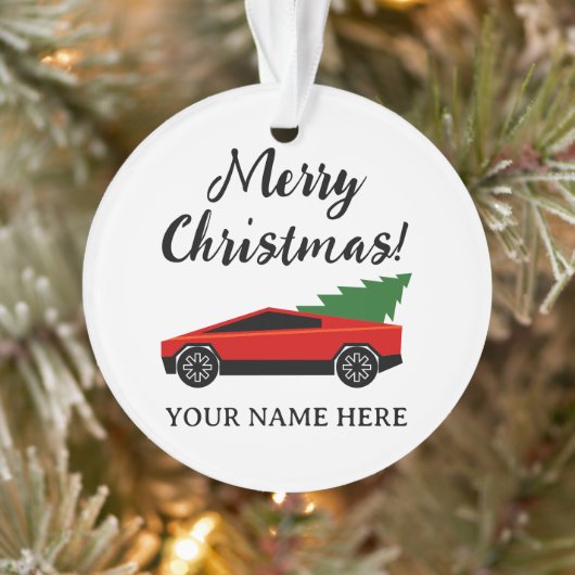 Red Tesla pickup truck with Christmas tree Ornament (Boom)
