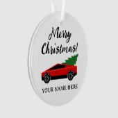 Red Tesla pickup truck with Christmas tree Ornament (voorkant)
