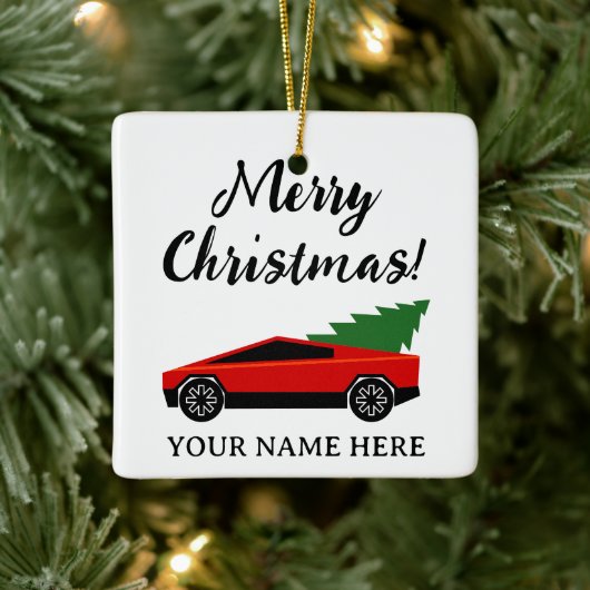 Red Tesla pickup truck with Christmas tree retro Keramisch Ornament (Boom)