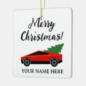 Red Tesla pickup truck with Christmas tree retro Keramisch Ornament (Links)