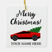 Red Tesla pickup truck with Christmas tree retro Keramisch Ornament (Voorkant)
