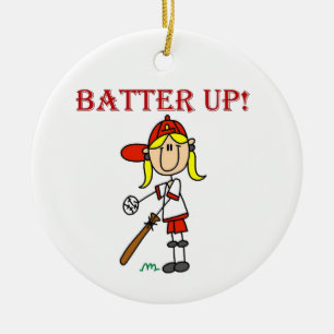 Red Text Batter Up Girls Softball Shirten en Gifts Keramisch Ornament