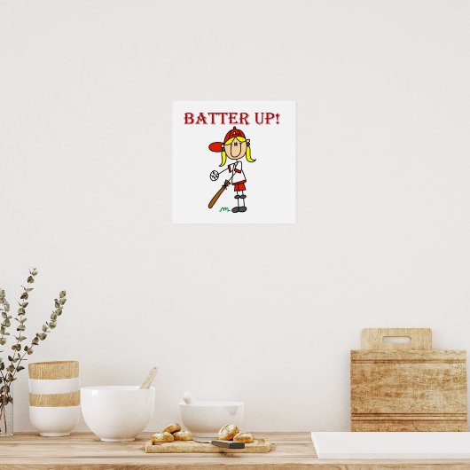 Red Text Batter Up Girls Softball Shirten en Gifts Poster (Keuken)