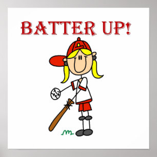 Red Text Batter Up Girls Softball Shirten en Gifts Poster